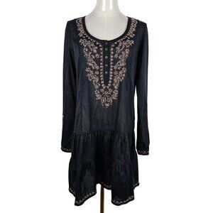 Lucky Brand  Black Embroidered Tunic Dress Medium Cotton Whimsigoth Boho Cottage